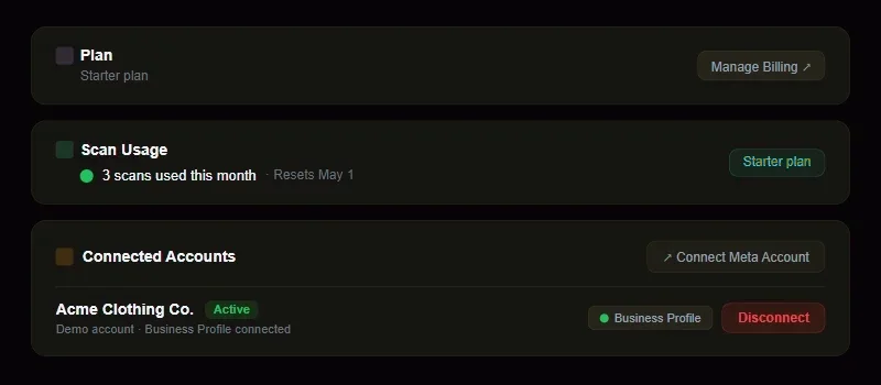 Campaiyn settings page showing a connected Meta ad account under Connected Accounts