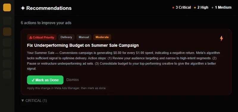 Campaiyn recommendations page showing a critical fix with detailed action steps
