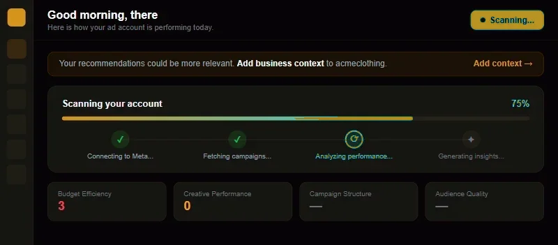 Campaiyn scanning a Meta ad account in real-time, showing step-by-step progress through analysis
